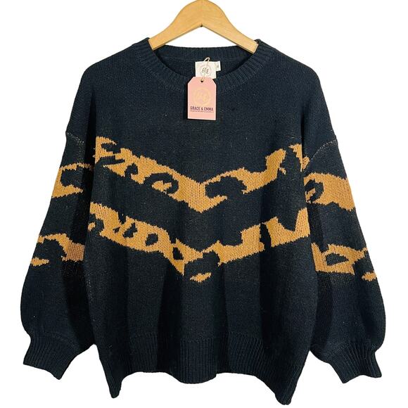 Grace & Emma Crewneck Sweater Knit Casual Long Sleeve Black Tan - M - Picture 1 of 6